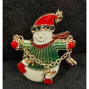 Vintage Enamel Snowman Brooch with Dangling Charms Green Red Holiday Pin CP114